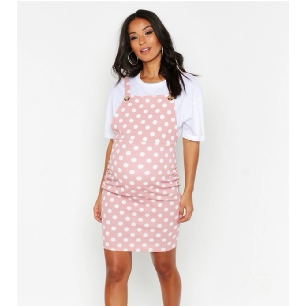 Boohoo Pink and white polka dot maternity dress